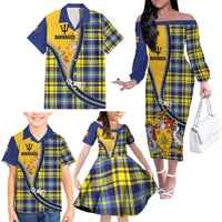 Barbados Celtic Festival Family Matching Off The Shoulder Long Sleeve Dress and Hawaiian Shirt Yellow Blue Tartan Zipper Stylized