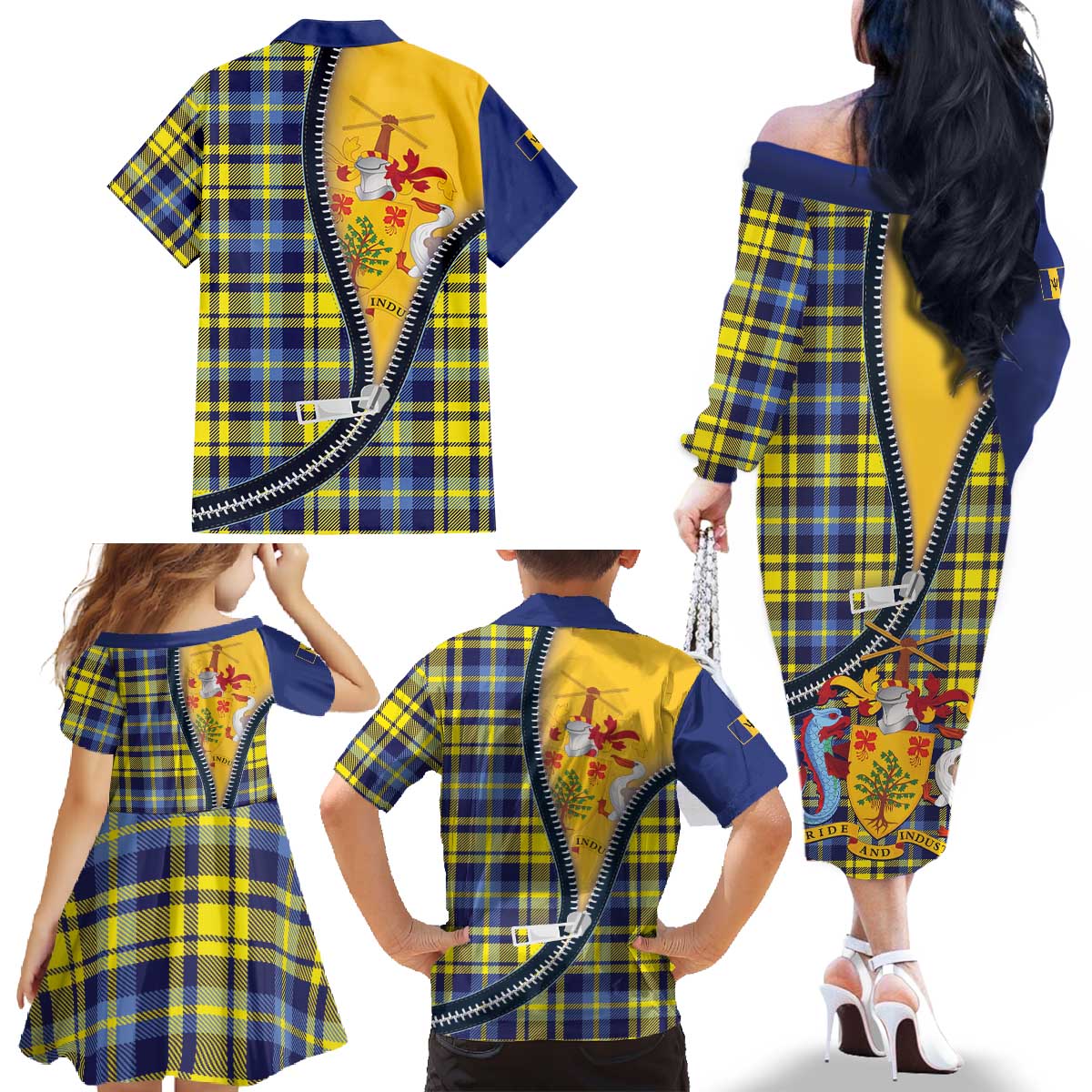 Barbados Celtic Festival Family Matching Off The Shoulder Long Sleeve Dress and Hawaiian Shirt Yellow Blue Tartan Zipper Stylized