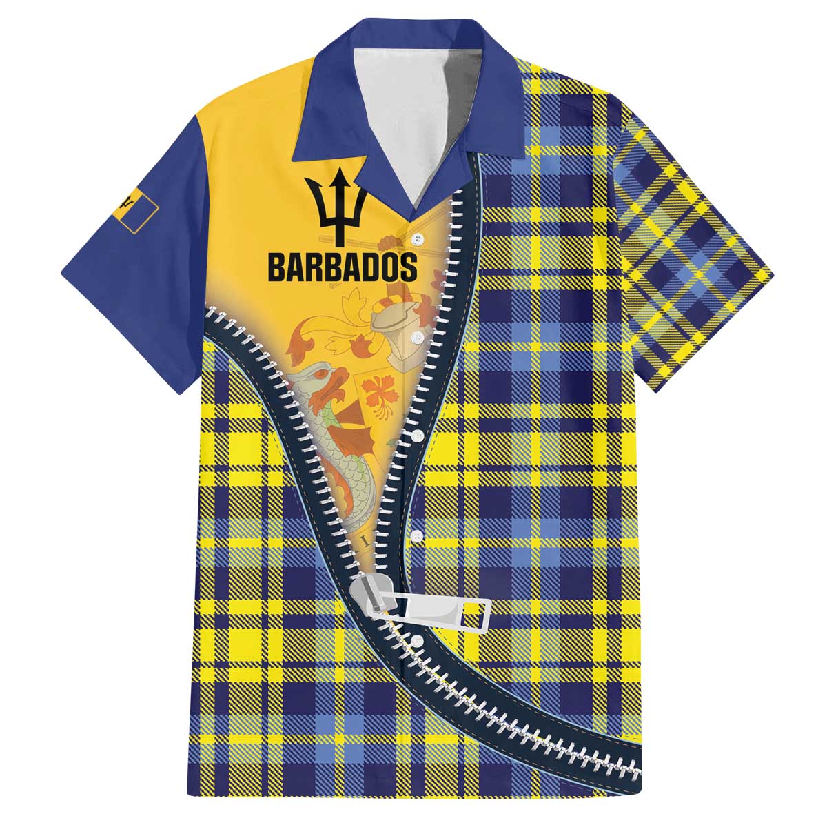 Barbados Celtic Festival Family Matching Off The Shoulder Long Sleeve Dress and Hawaiian Shirt Yellow Blue Tartan Zipper Stylized