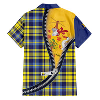 Barbados Celtic Festival Family Matching Off The Shoulder Long Sleeve Dress and Hawaiian Shirt Yellow Blue Tartan Zipper Stylized