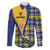 Barbados Celtic Festival Family Matching Off The Shoulder Long Sleeve Dress and Hawaiian Shirt Yellow Blue Tartan Zipper Stylized