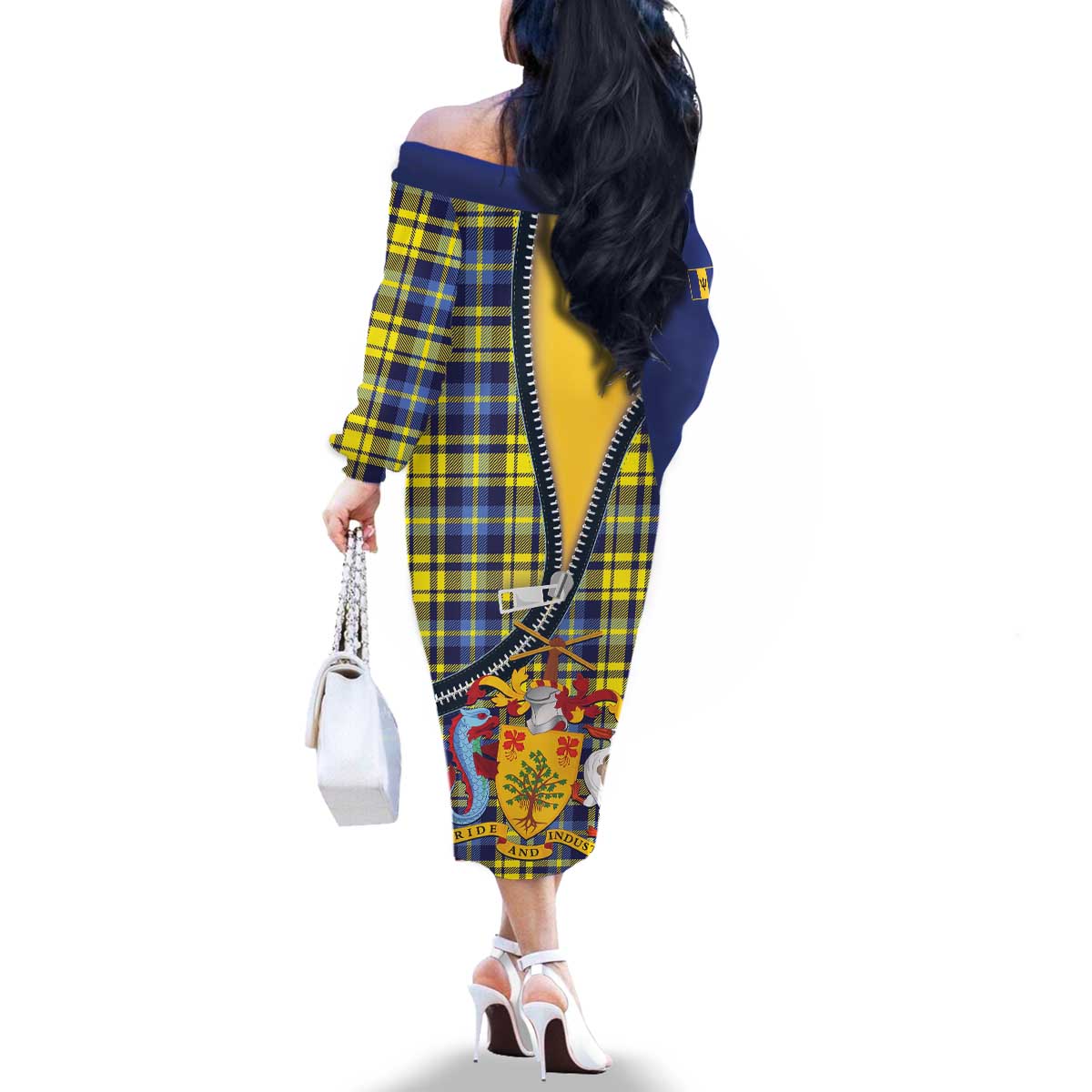 Barbados Celtic Festival Family Matching Off The Shoulder Long Sleeve Dress and Hawaiian Shirt Yellow Blue Tartan Zipper Stylized
