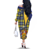 Barbados Celtic Festival Family Matching Off The Shoulder Long Sleeve Dress and Hawaiian Shirt Yellow Blue Tartan Zipper Stylized