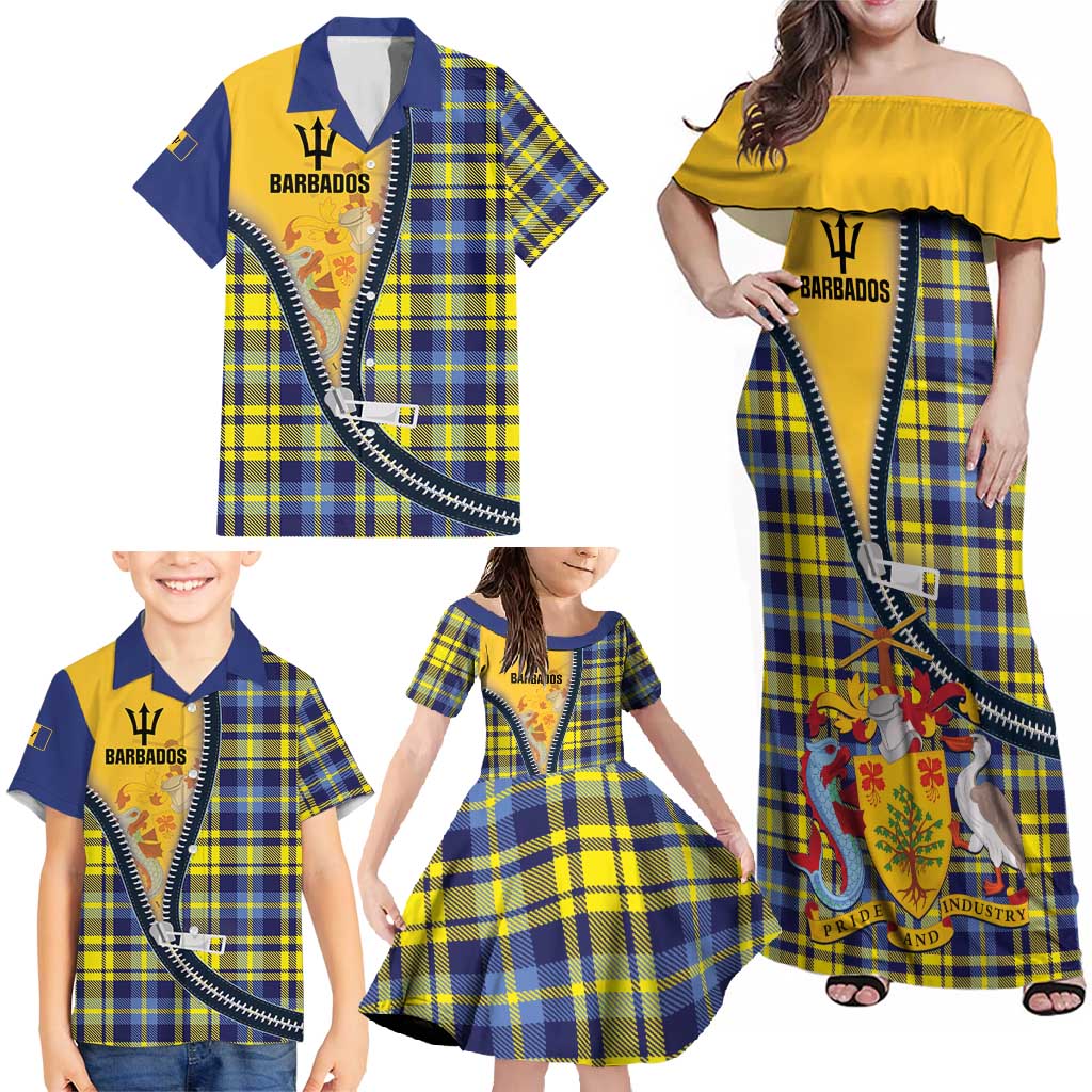 Barbados Celtic Festival Family Matching Off Shoulder Maxi Dress and Hawaiian Shirt Yellow Blue Tartan Zipper Stylized