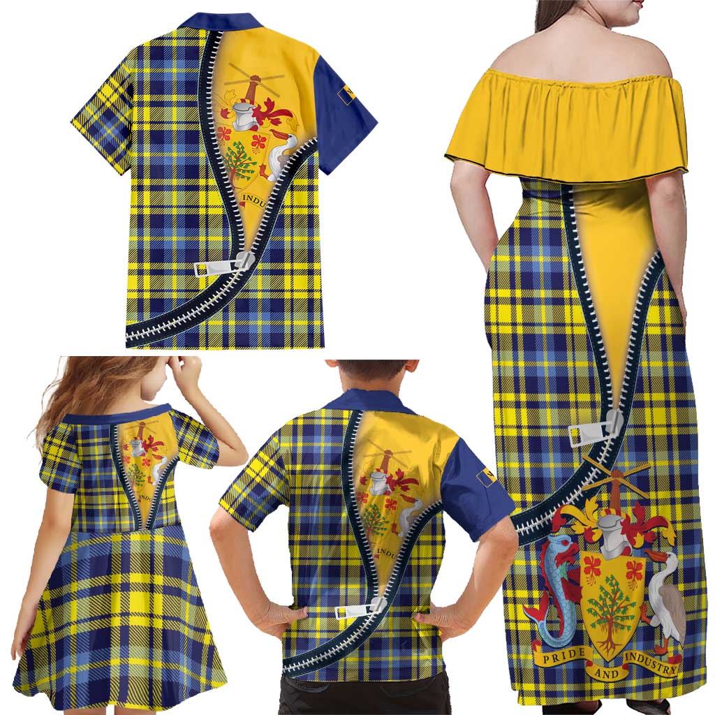 Barbados Celtic Festival Family Matching Off Shoulder Maxi Dress and Hawaiian Shirt Yellow Blue Tartan Zipper Stylized