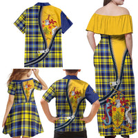 Barbados Celtic Festival Family Matching Off Shoulder Maxi Dress and Hawaiian Shirt Yellow Blue Tartan Zipper Stylized