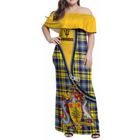 Barbados Celtic Festival Family Matching Off Shoulder Maxi Dress and Hawaiian Shirt Yellow Blue Tartan Zipper Stylized