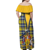 Barbados Celtic Festival Family Matching Off Shoulder Maxi Dress and Hawaiian Shirt Yellow Blue Tartan Zipper Stylized