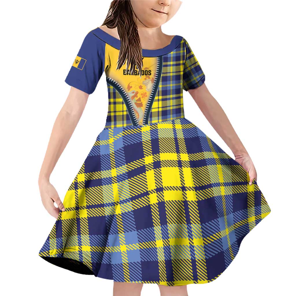 Barbados Celtic Festival Family Matching Off Shoulder Short Dress and Hawaiian Shirt Yellow Blue Tartan Zipper Stylized