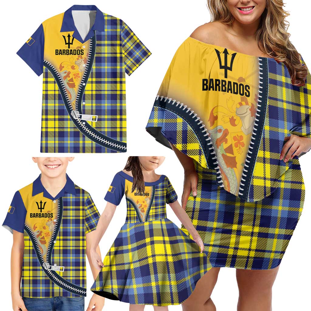 Barbados Celtic Festival Family Matching Off Shoulder Short Dress and Hawaiian Shirt Yellow Blue Tartan Zipper Stylized