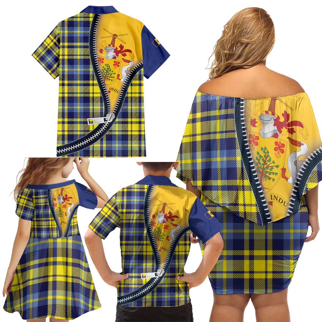 Barbados Celtic Festival Family Matching Off Shoulder Short Dress and Hawaiian Shirt Yellow Blue Tartan Zipper Stylized
