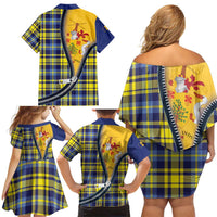 Barbados Celtic Festival Family Matching Off Shoulder Short Dress and Hawaiian Shirt Yellow Blue Tartan Zipper Stylized