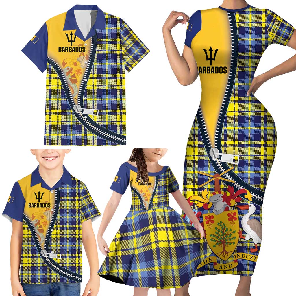 Barbados Celtic Festival Family Matching Short Sleeve Bodycon Dress and Hawaiian Shirt Yellow Blue Tartan Zipper Stylized