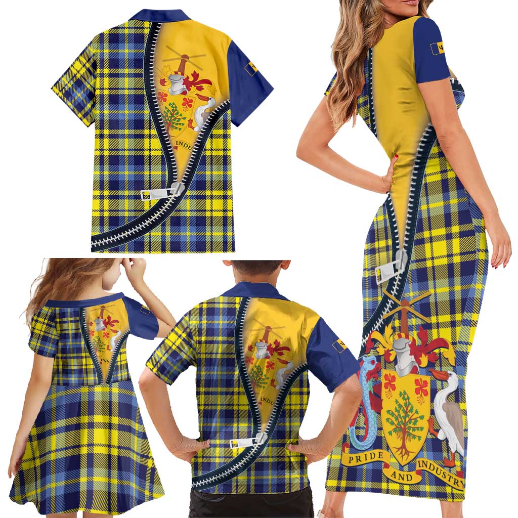 Barbados Celtic Festival Family Matching Short Sleeve Bodycon Dress and Hawaiian Shirt Yellow Blue Tartan Zipper Stylized