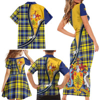Barbados Celtic Festival Family Matching Short Sleeve Bodycon Dress and Hawaiian Shirt Yellow Blue Tartan Zipper Stylized