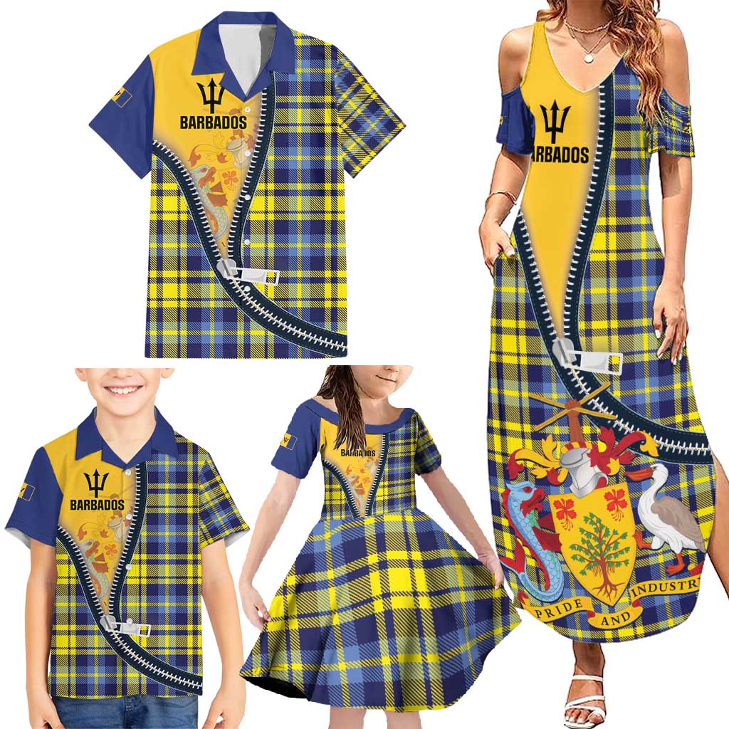 Barbados Celtic Festival Family Matching Summer Maxi Dress and Hawaiian Shirt Yellow Blue Tartan Zipper Stylized
