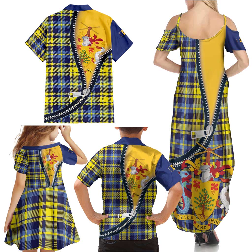 Barbados Celtic Festival Family Matching Summer Maxi Dress and Hawaiian Shirt Yellow Blue Tartan Zipper Stylized
