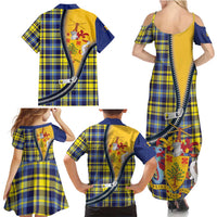 Barbados Celtic Festival Family Matching Summer Maxi Dress and Hawaiian Shirt Yellow Blue Tartan Zipper Stylized
