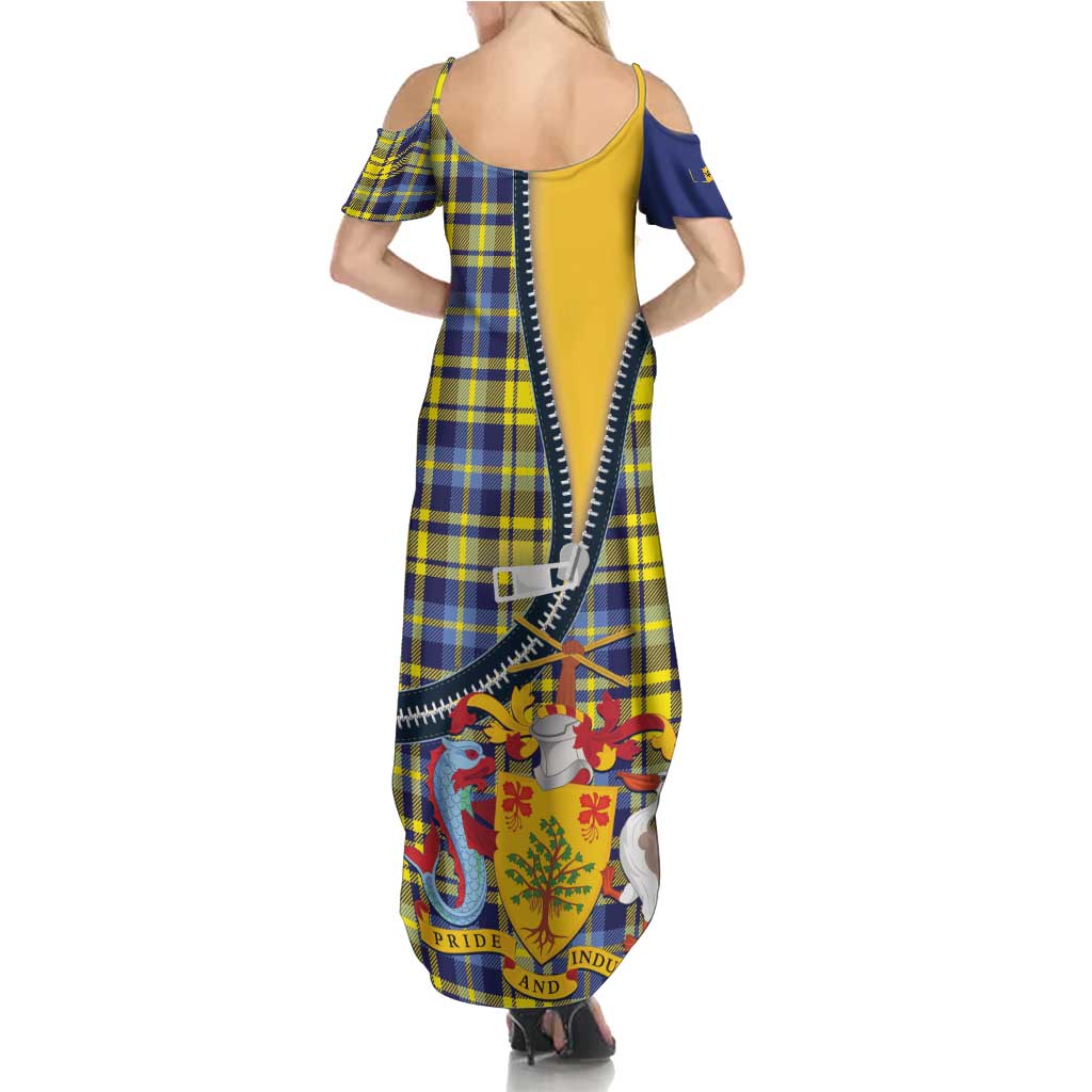 Barbados Celtic Festival Family Matching Summer Maxi Dress and Hawaiian Shirt Yellow Blue Tartan Zipper Stylized
