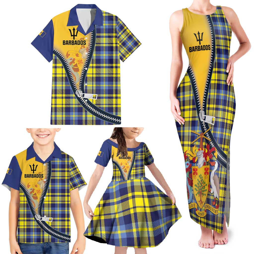 Barbados Celtic Festival Family Matching Tank Maxi Dress and Hawaiian Shirt Yellow Blue Tartan Zipper Stylized