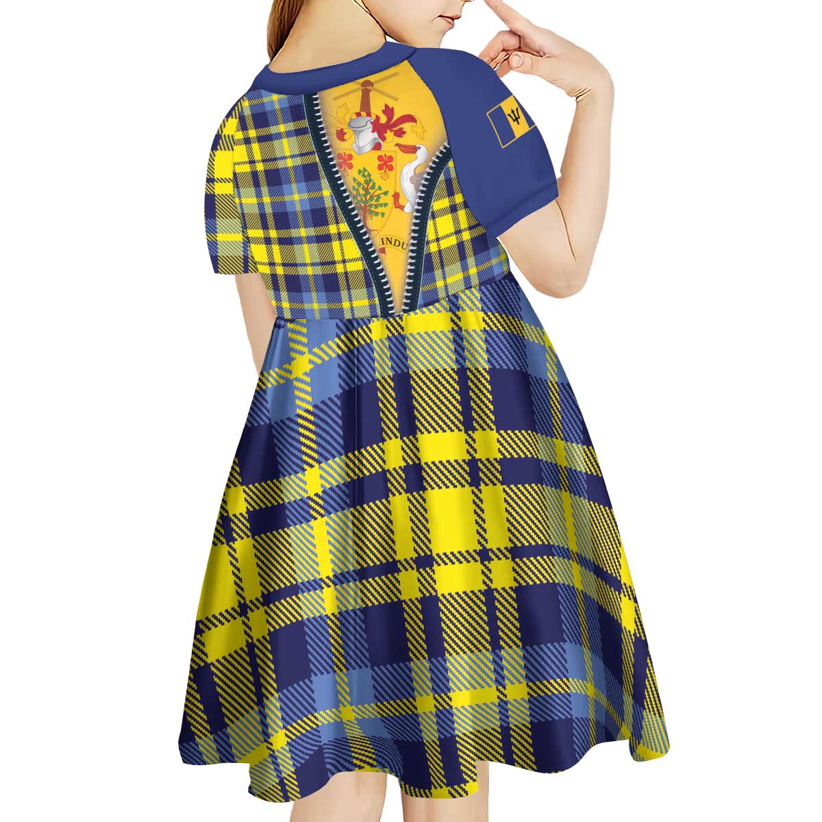 Barbados Celtic Festival Kid Short Sleeve Dress Yellow Blue Tartan Zipper Stylized