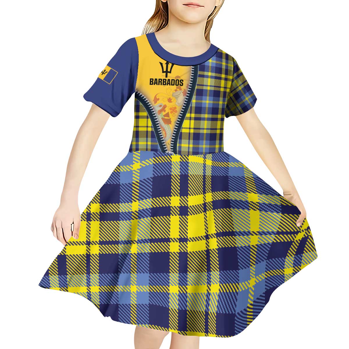 Barbados Celtic Festival Kid Short Sleeve Dress Yellow Blue Tartan Zipper Stylized