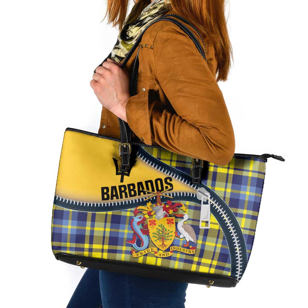 Barbados Celtic Festival Leather Tote Bag Yellow Blue Tartan Zipper Stylized