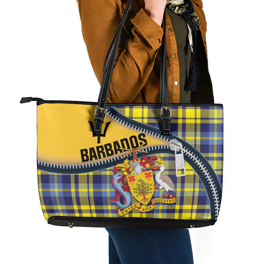 Barbados Celtic Festival Leather Tote Bag Yellow Blue Tartan Zipper Stylized