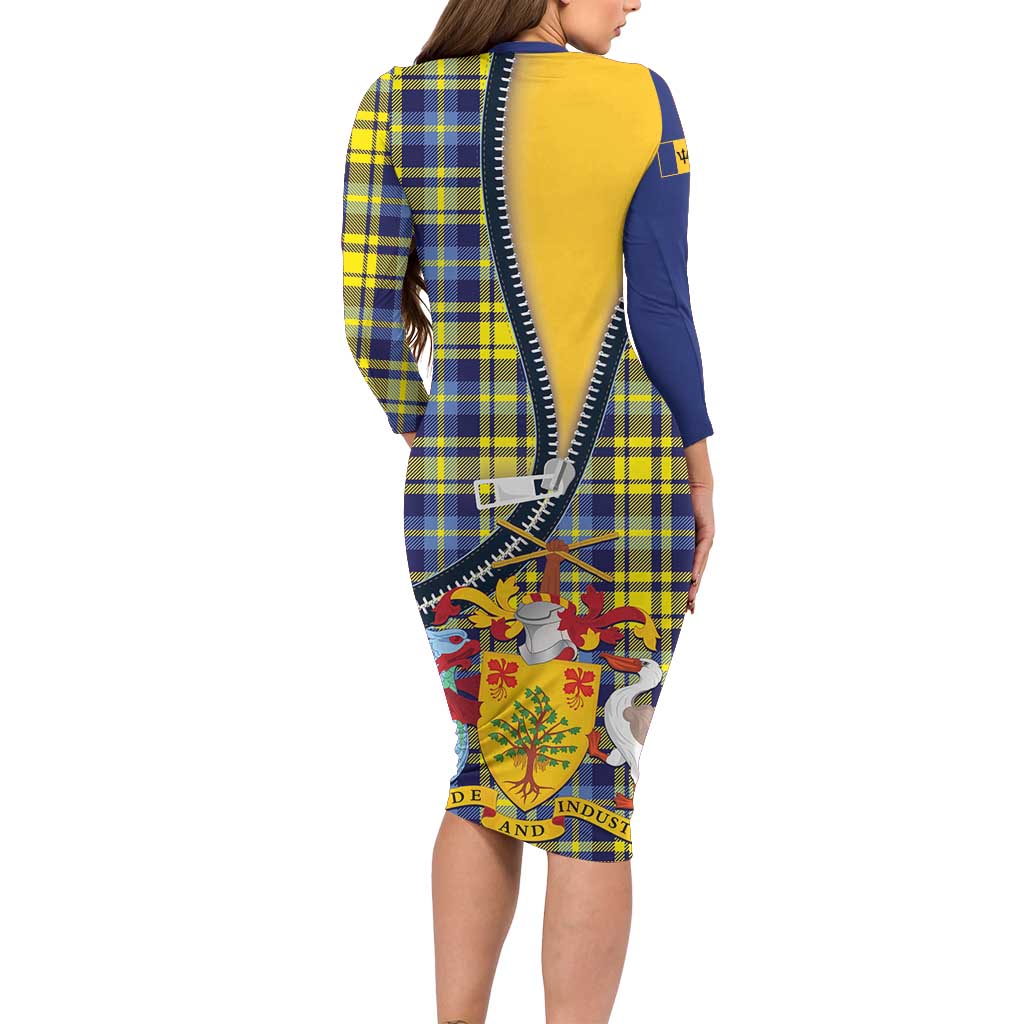 Barbados Celtic Festival Long Sleeve Bodycon Dress Yellow Blue Tartan Zipper Stylized