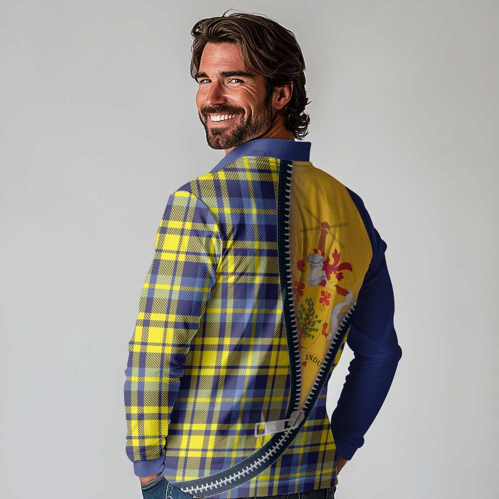 Barbados Celtic Festival Long Sleeve Polo Shirt Yellow Blue Tartan Zipper Stylized