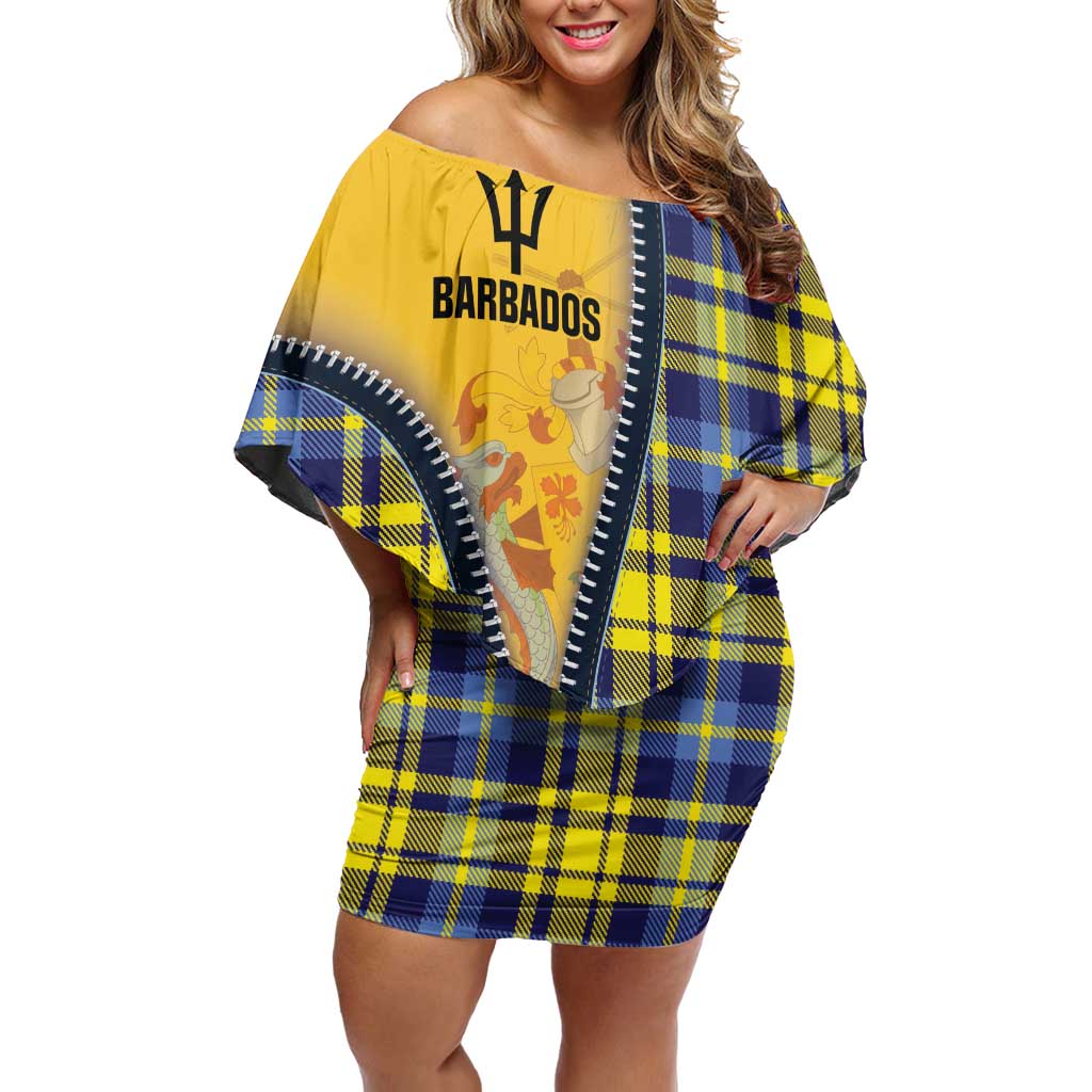 Barbados Celtic Festival Off Shoulder Short Dress Yellow Blue Tartan Zipper Stylized
