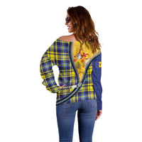 Barbados Celtic Festival Off Shoulder Sweater Yellow Blue Tartan Zipper Stylized