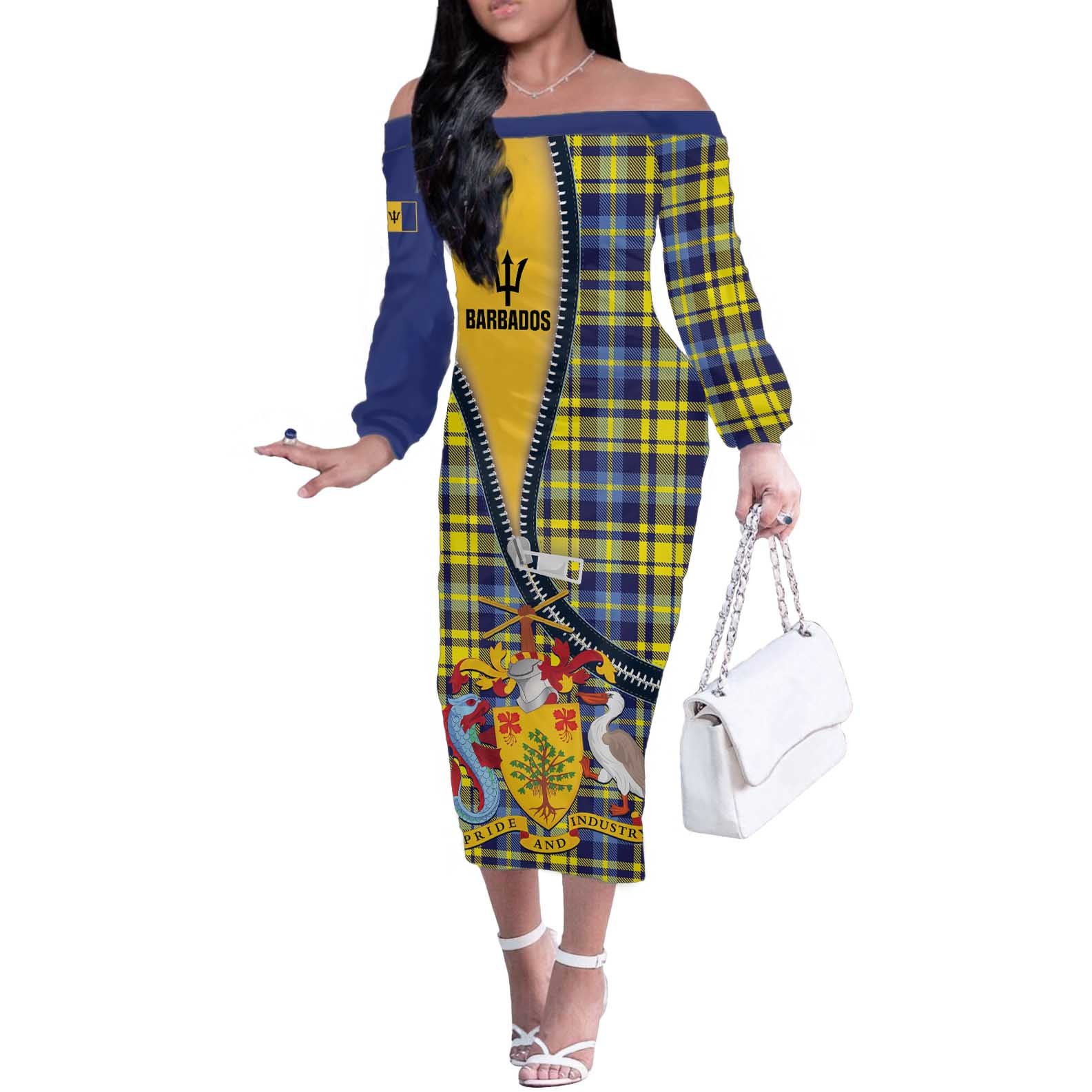 Barbados Celtic Festival Off The Shoulder Long Sleeve Dress Yellow Blue Tartan Zipper Stylized