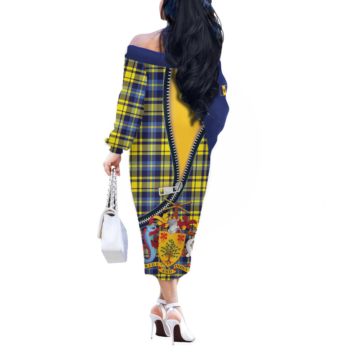 Barbados Celtic Festival Off The Shoulder Long Sleeve Dress Yellow Blue Tartan Zipper Stylized