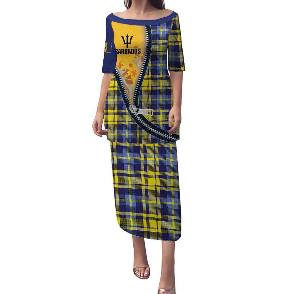 Barbados Celtic Festival Puletasi Yellow Blue Tartan Zipper Stylized