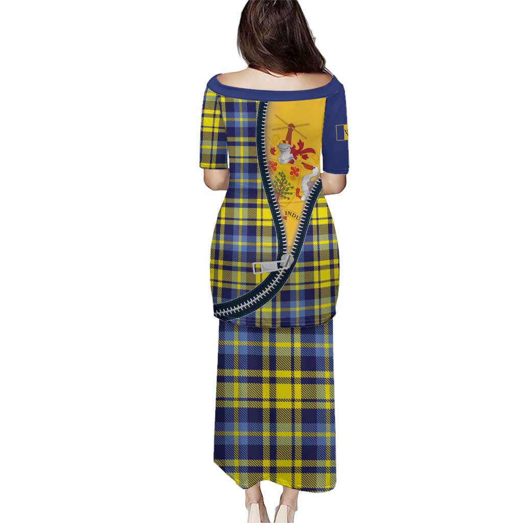 Barbados Celtic Festival Puletasi Yellow Blue Tartan Zipper Stylized