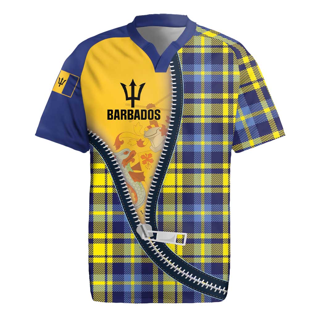 Barbados Celtic Festival Rugby Jersey Yellow Blue Tartan Zipper Stylized