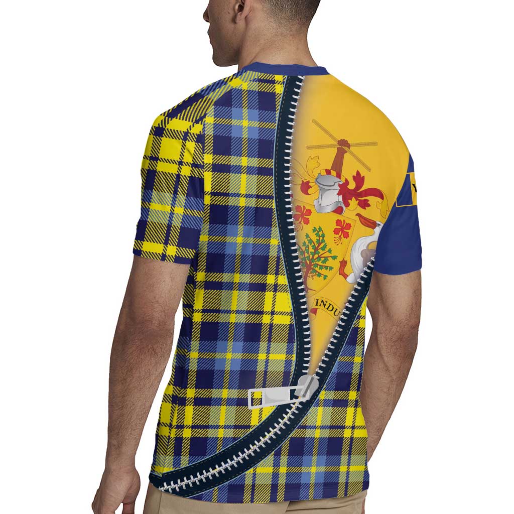 Barbados Celtic Festival Rugby Jersey Yellow Blue Tartan Zipper Stylized