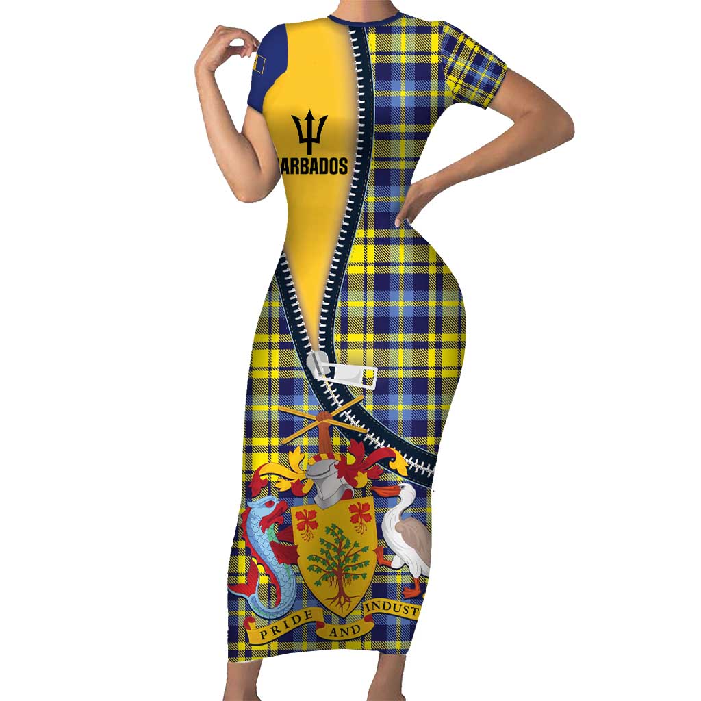 Barbados Celtic Festival Short Sleeve Bodycon Dress Yellow Blue Tartan Zipper Stylized