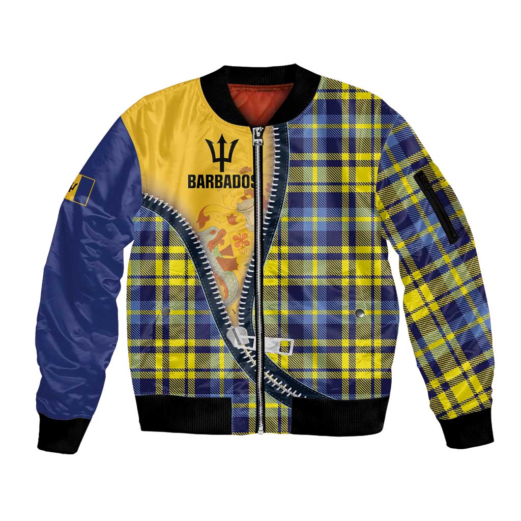 Barbados Celtic Festival Sleeve Zip Bomber Jacket Yellow Blue Tartan Zipper Stylized