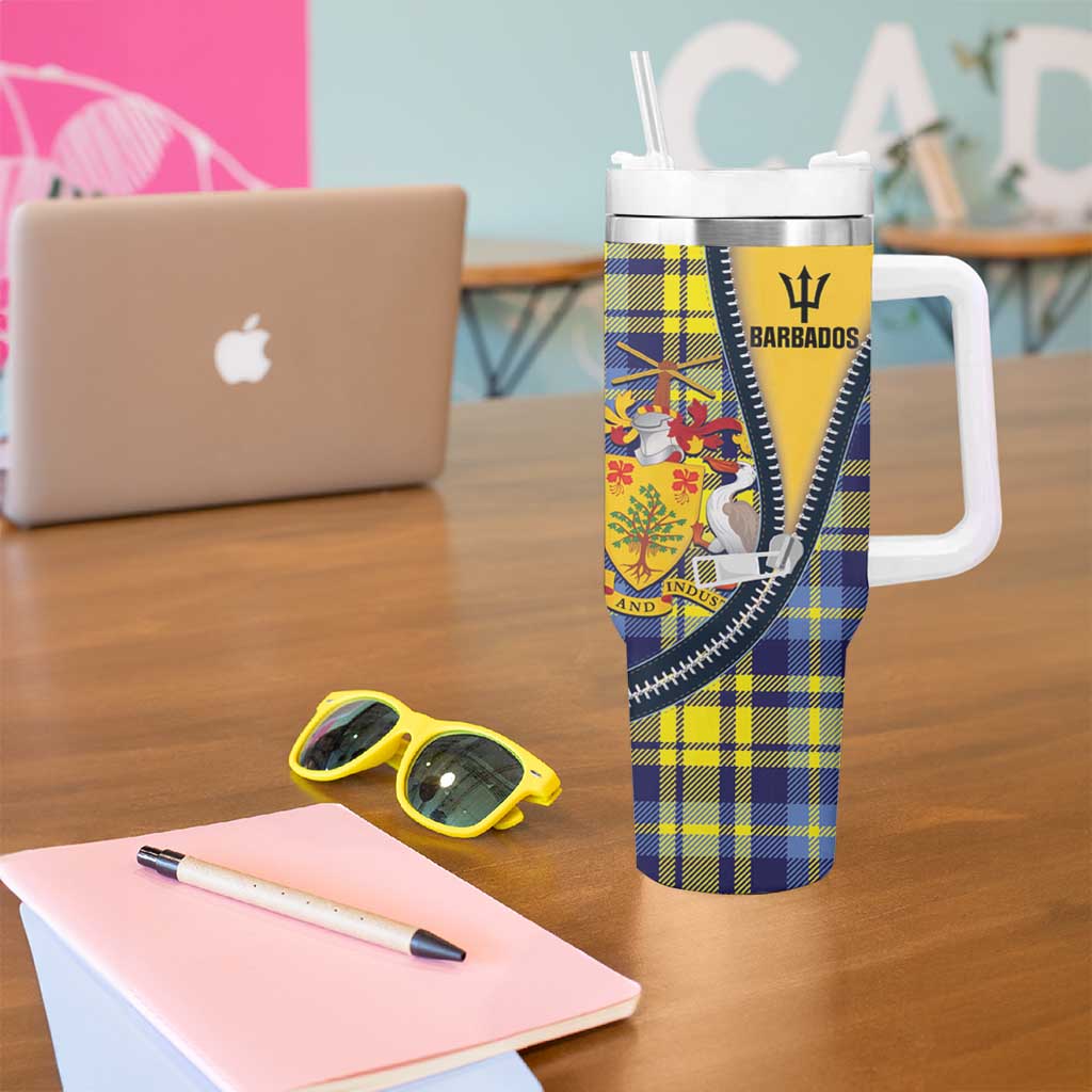 Barbados Celtic Festival Tumbler With Handle Yellow Blue Tartan Zipper Stylized