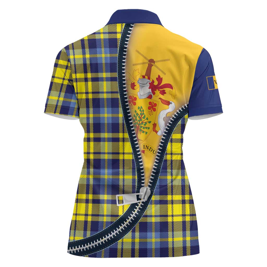 Barbados Celtic Festival Women Polo Shirt Yellow Blue Tartan Zipper Stylized