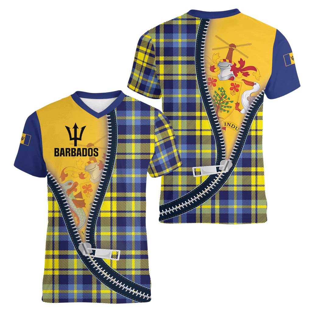 Barbados Celtic Festival Women V-Neck T-Shirt Yellow Blue Tartan Zipper Stylized