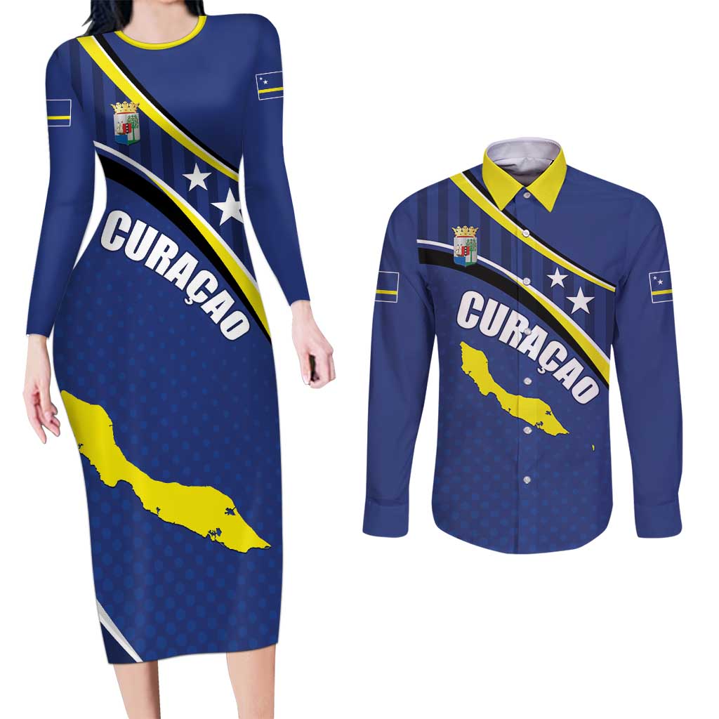 Curacao Flag Day Couples Matching Long Sleeve Bodycon Dress and Long Sleeve Button Shirt Korsou Map Simple Style