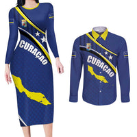 Curacao Flag Day Couples Matching Long Sleeve Bodycon Dress and Long Sleeve Button Shirt Korsou Map Simple Style