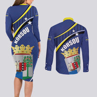 Curacao Flag Day Couples Matching Long Sleeve Bodycon Dress and Long Sleeve Button Shirt Korsou Map Simple Style