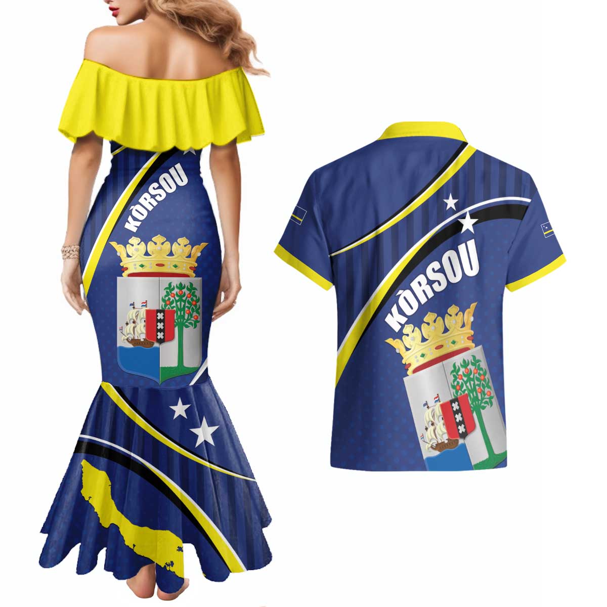 Curacao Flag Day Couples Matching Mermaid Dress and Hawaiian Shirt Korsou Map Simple Style