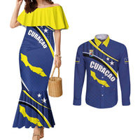 Curacao Flag Day Couples Matching Mermaid Dress and Long Sleeve Button Shirt Korsou Map Simple Style
