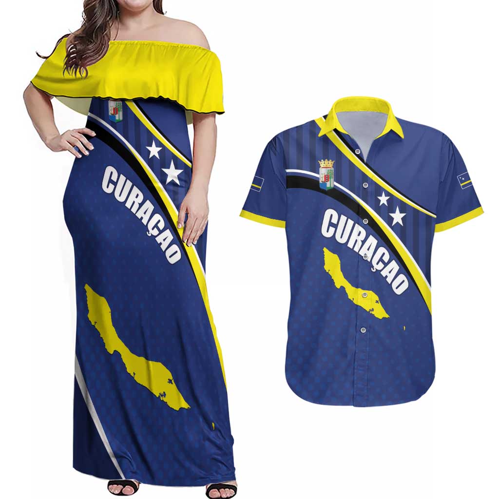 Curacao Flag Day Couples Matching Off Shoulder Maxi Dress and Hawaiian Shirt Korsou Map Simple Style