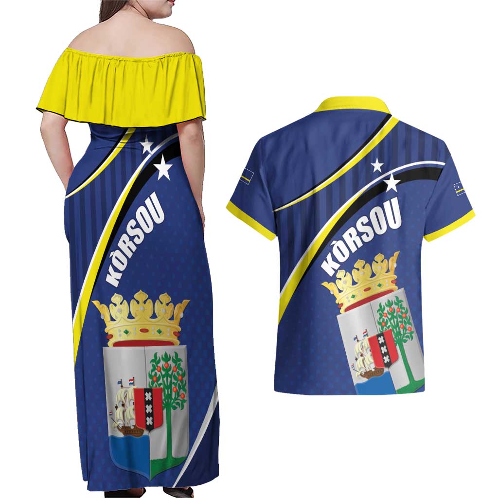 Curacao Flag Day Couples Matching Off Shoulder Maxi Dress and Hawaiian Shirt Korsou Map Simple Style